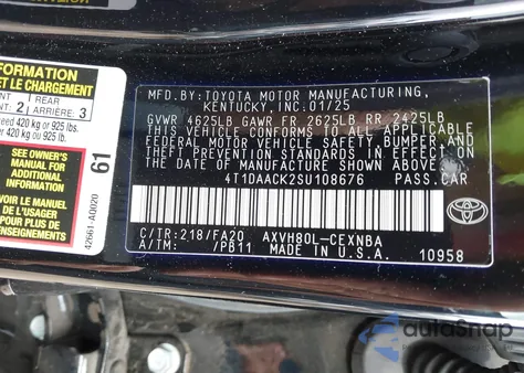 2025 Toyota Camry Le from USA, damaged, VIN 4T1DAACK2SU108676